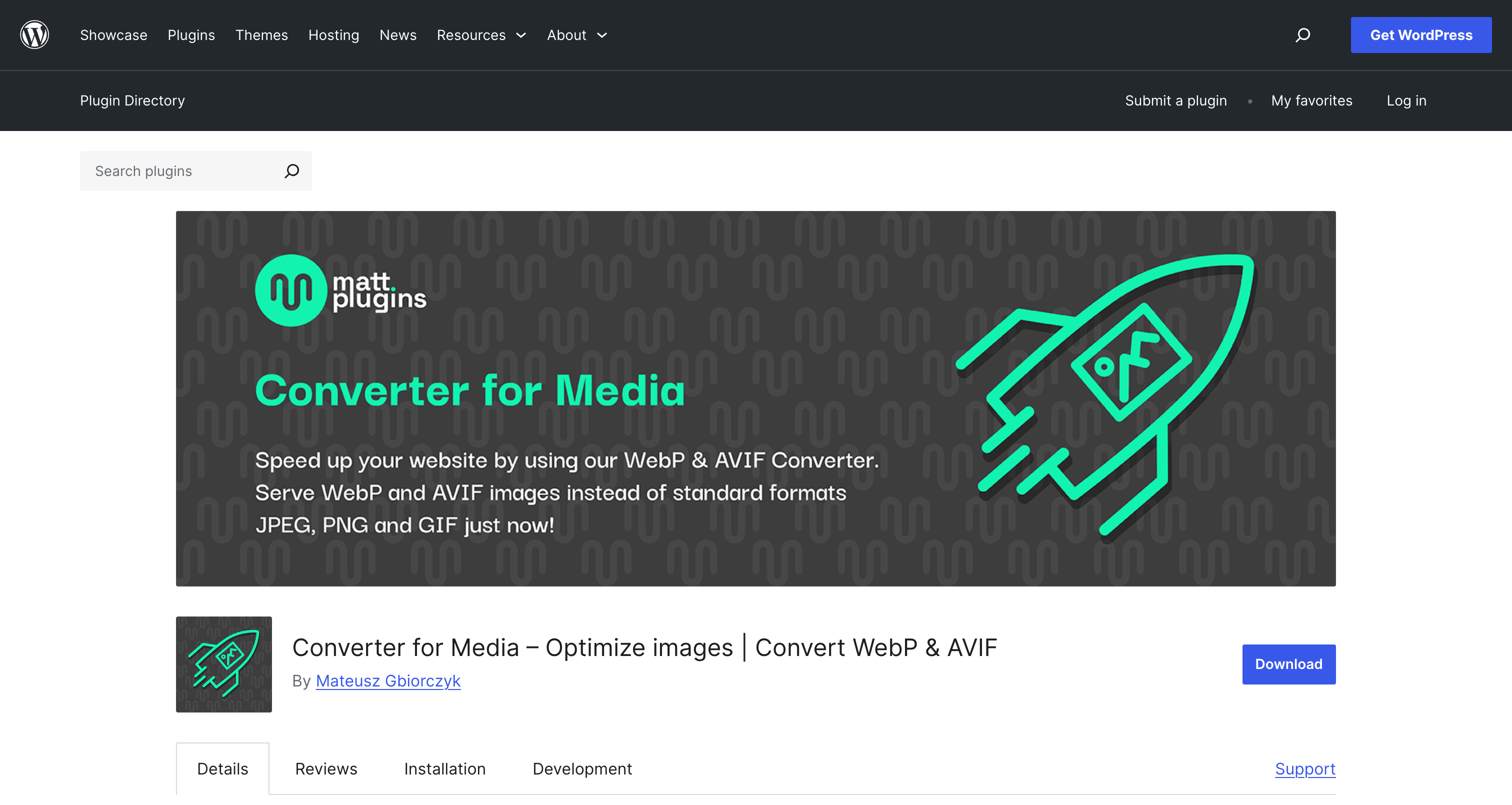 Converter for Media plugin page on WordPress.org showing WebP and AVIF conversion