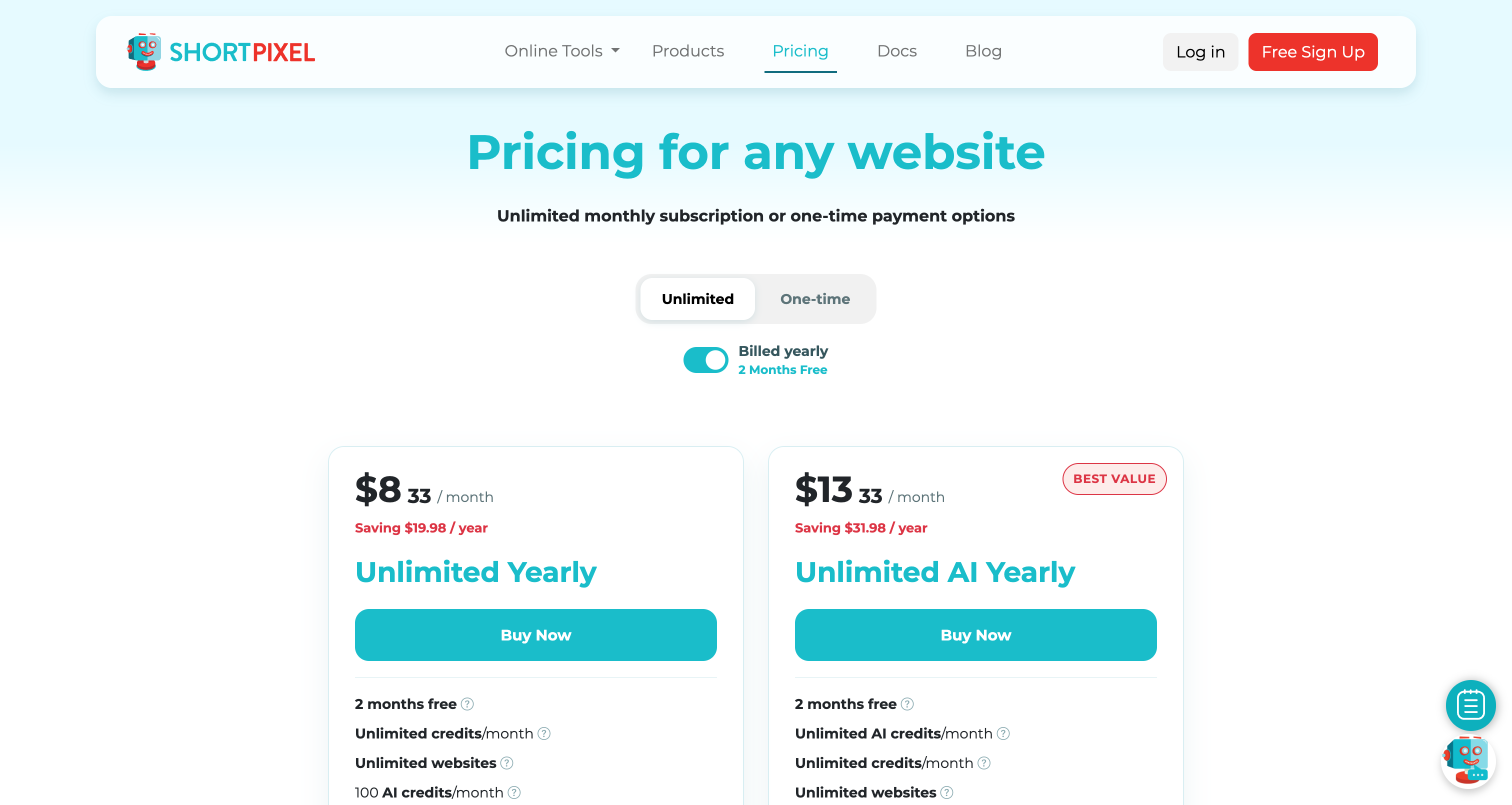ShortPixel pricing page showing the Unlimited and Unlimited AI plans