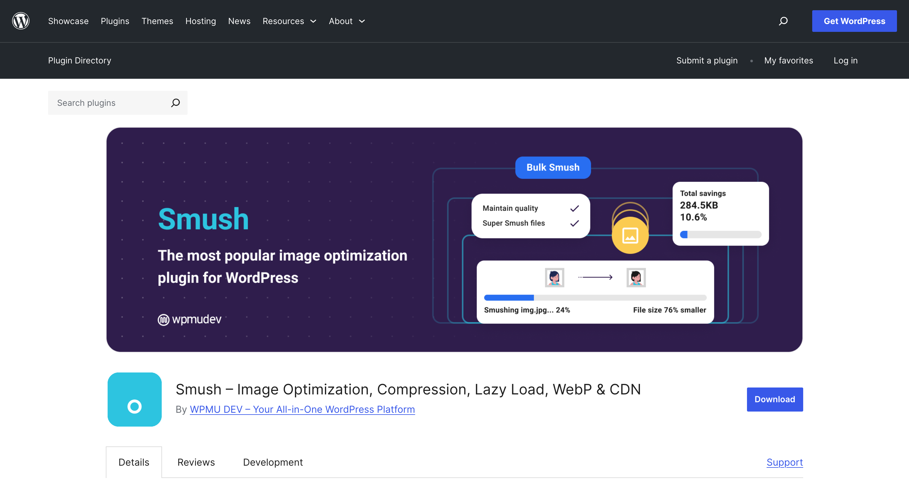 Smush plugin page on WordPress.org showing its 1+ million active installs and feature list