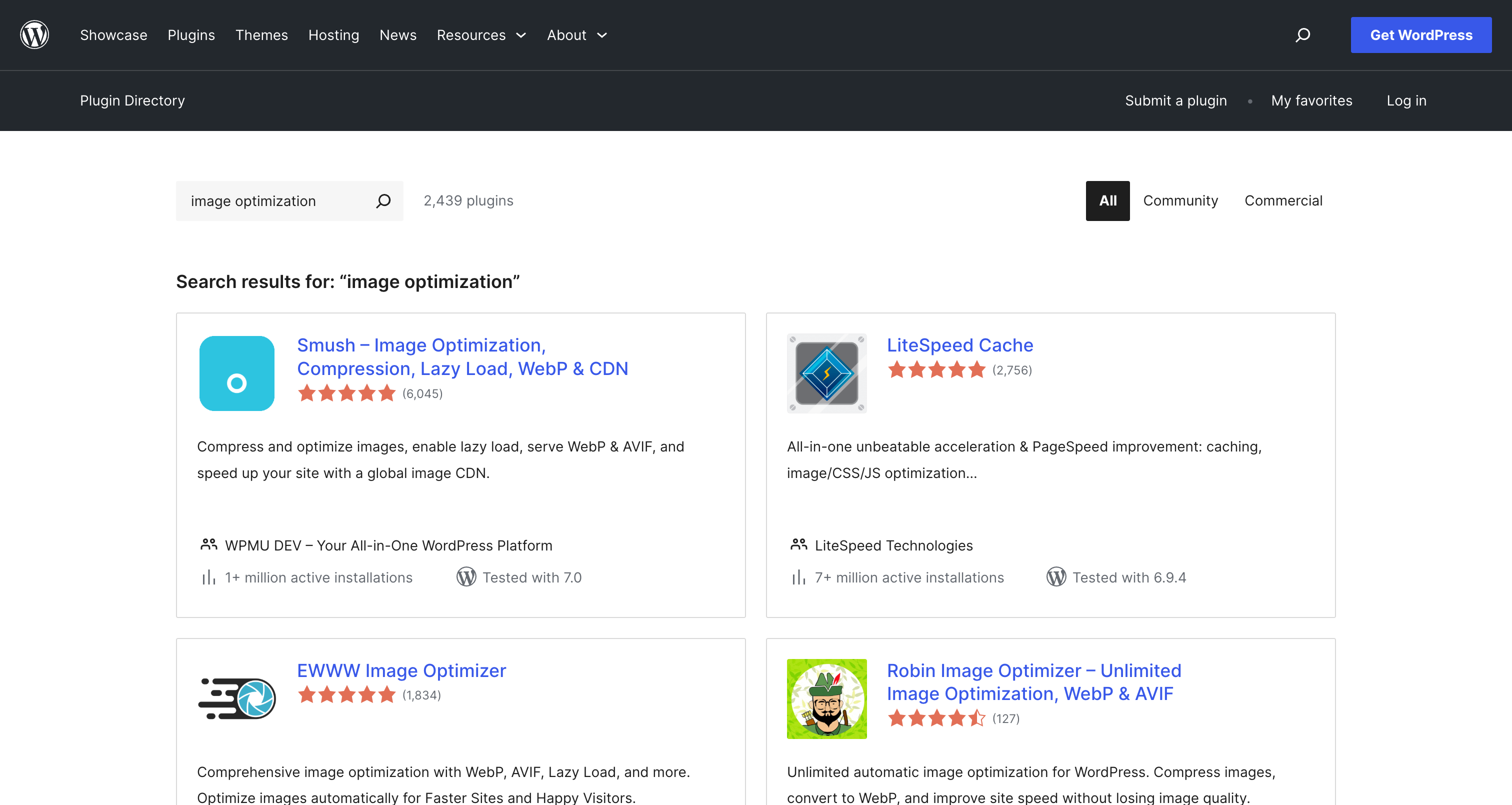 WordPress.org search results for image optimization plugins showing Smush, EWWW, Imagify, and others with active install counts