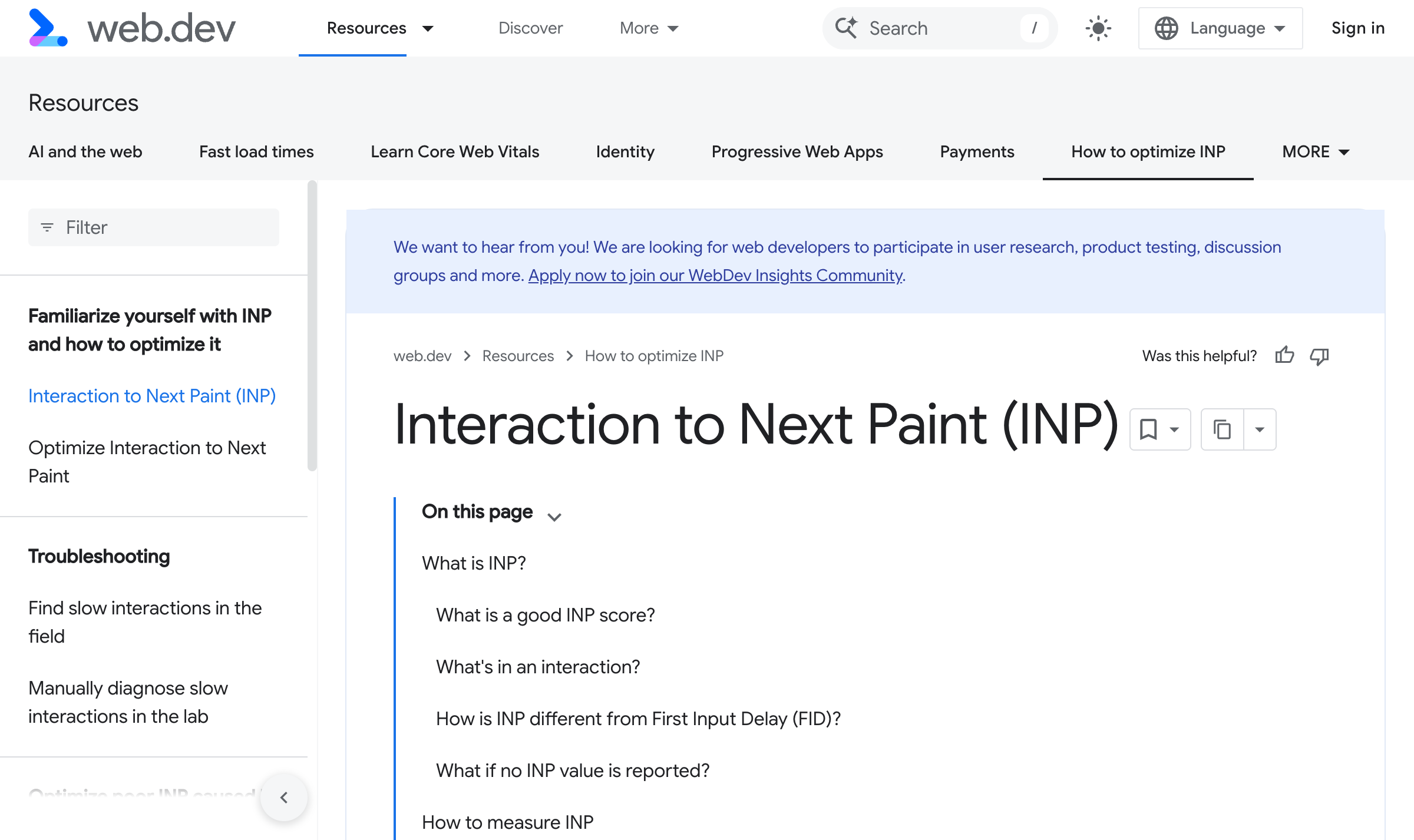 Google web.dev Interaction to Next Paint documentation page