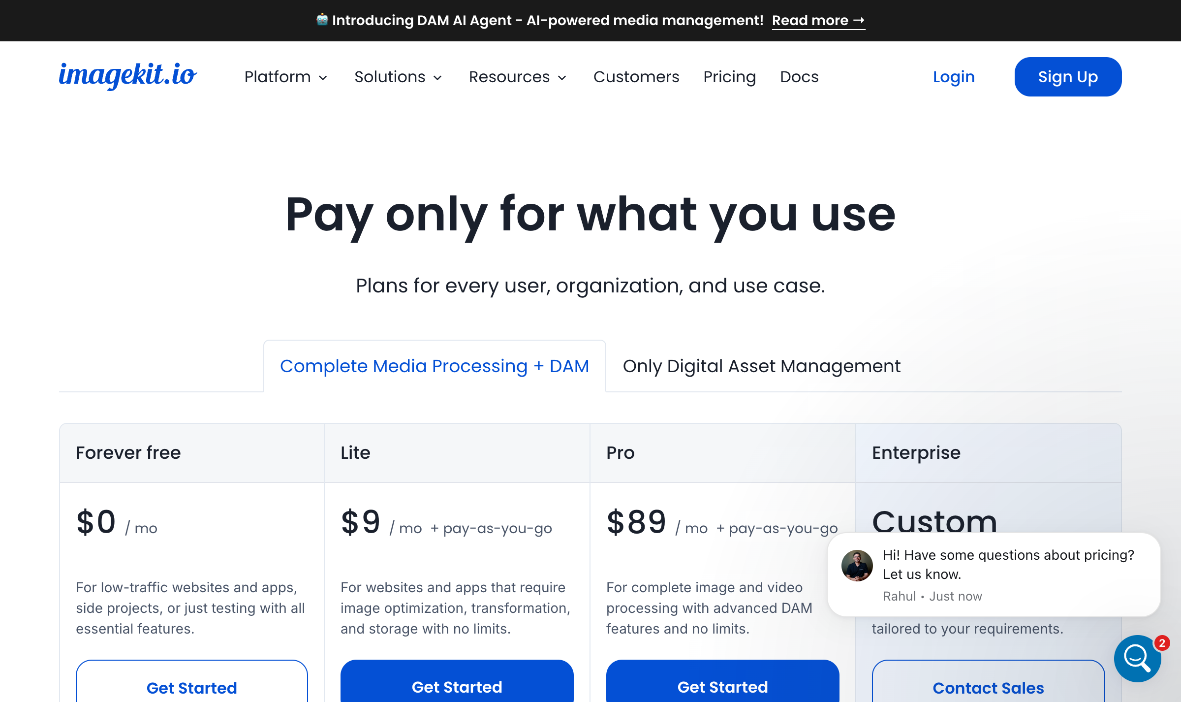 ImageKit pricing plans showing Forever Free, Lite, Pro, and Enterprise tiers