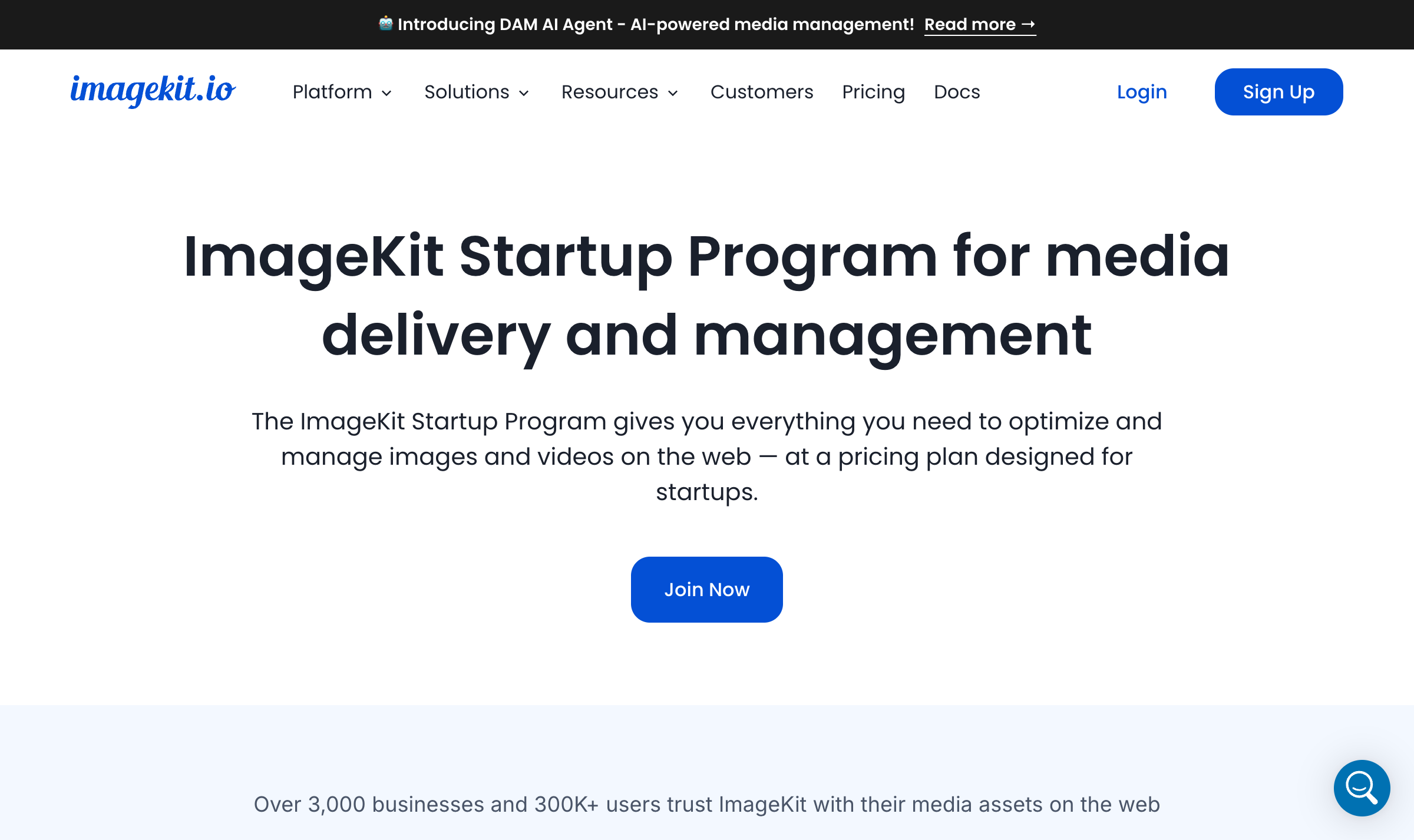 ImageKit Startup Program page describing usage-based pricing for eligible startups