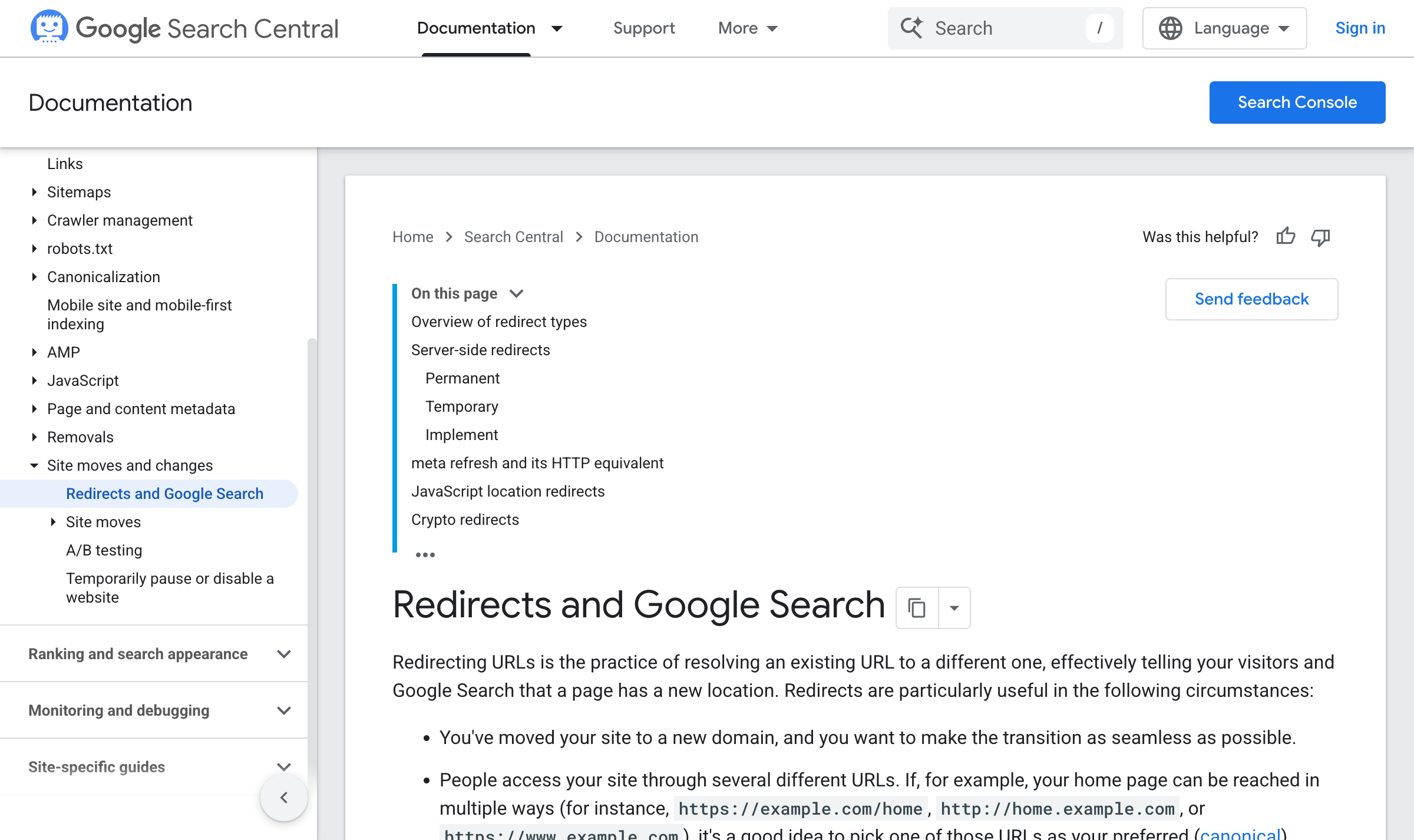 Google Search Central documentation page on Redirects and Google Search